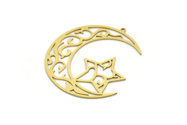 Brass Moon Charm, 2 Raw Brass Crescent Moon Shaped Charms With 1 Loop, Star Findings (43x37x0.60mm) SMP0703