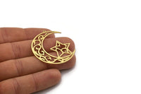 Brass Moon Charm, 2 Raw Brass Crescent Moon Shaped Charms With 1 Loop, Star Findings (43x37x0.60mm) SMP0703