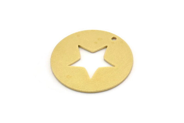 Brass Round Charm, 6 Raw Brass Star Charms With 1 Hole, Pendants, Findings (22x0.80mm) SMP0719