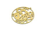Brass Fish Charm, 2 Raw Brass Fish Patterned Round Shaped Charms With 1 Loop, Findings (36.5x34.5x0.60mm) SMP0579