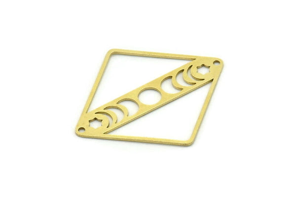 Brass Diamond Charm, 4 Raw Brass Moon Phases Charms With 2 Holes, Connectors, Findings (34x30x0.60mm) SMP0742
