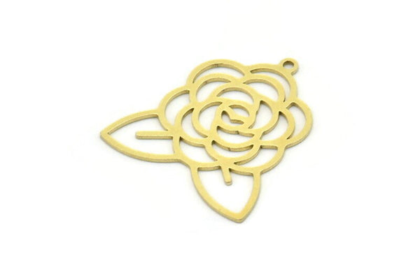 Brass Flower Charm, 6 Raw Brass Rose Charms With 1 Loop, Findings (25x23x0.60mm) SMP0768