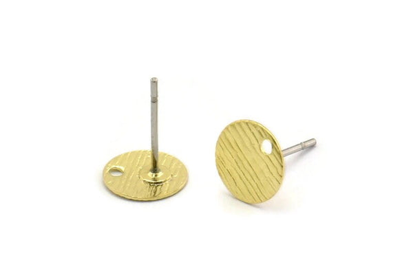 Brass Round Earring, 12 Textured Raw Brass Round Stud Earrings With 1 Hole (8x0.40mm) A1864 A3087