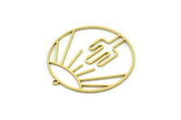 Brass Round Charm, 2 Raw Brass Rising Sun And Cactus Patterned Round Shaped Charms With 1 Loop, Charm Pendants (35x33x0.80mm) SMP0791