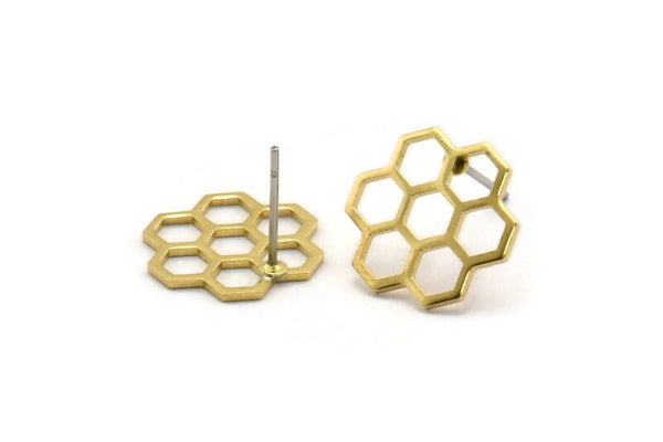 Brass Honeycomb Earring, 6 Raw Brass Honeycomb Stud Earrings (14x0.80mm) E080 A3319