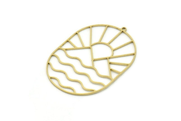 Brass Oval Charm, Raw Brass Rising Sun And Mount Patterned Oval Shaped Charm With 1 Loop, Charm Pendants (48x34x0.80mm) SMP0810