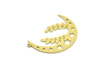 Brass Moon Charm, 6 Raw Brass Crescent Moon And Branch Shaped Charms With 1 Loop, Findings (34x23x0.60mm) SMP0825