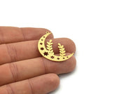 Brass Moon Charm, 6 Raw Brass Crescent Moon And Branch Shaped Charms With 1 Loop, Findings (34x23x0.60mm) SMP0825