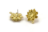 Brass Flower Earring, 2 Raw Brass Flower Stud Earrings With 1 Loop And 1 Pad For 4mm Stone (21x19mm) N2299