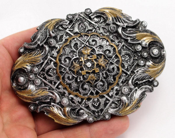 1 Vintage Grey and Gold Handcraft Belt Buckle - Made in Germany 97x67 mm YS29