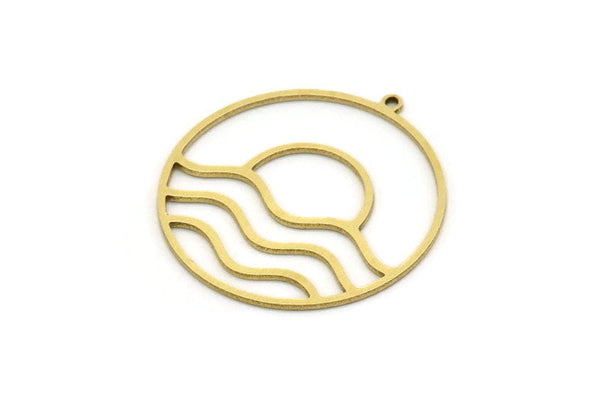 Brass Round Charm, 4 Raw Brass Rising Sun And Wavy Patterned Round Shaped Charms With 1 Loop, Charm Pendants (33x31x0.80mm) SMP0693