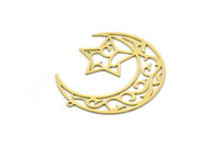 Brass Moon Charm, 2 Raw Brass Crescent Moon Shaped Charms With 1 Loop, Star Findings (43x37x0.60mm) SMP0703
