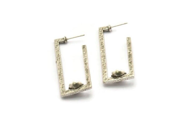 Earring Studs, 2 Antique Silver Plated Brass - Rectangle Shaped Stud Earrings With Pad For 7mm Stone (46x18x1.8mm) N2414 H0411