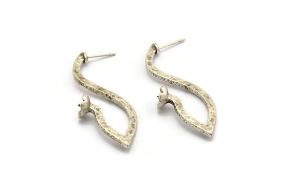 Earring Studs, 2 Antique Silver Plated Brass - Irregular Shaped Stud Earrings With Pad For 7mm Stone (47x17x1.8mm) N2416 H0079