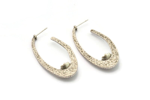 Küpe Çivisi, 2 Antik Gümüş Kaplama Pirinç - 7 mm Taş İçin Pedli Oval Şekilli Çivili Küpe - Gümüş Küpeler (51x24x1,8 mm) N2298 H056