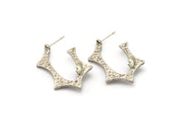 Küpe Çivisi, 2 Antik Gümüş Kaplama Pirinç - 7 mm Taş İçin Pedli Düzensiz Çivili Küpe - Gümüş Küpeler (38x23x1,8 mm) N2415 H134