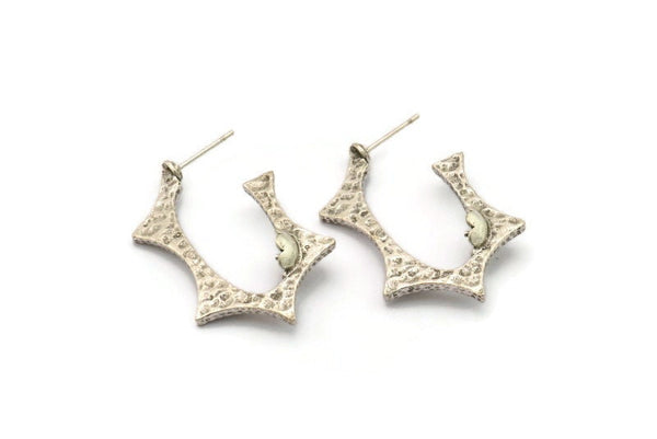 Küpe Çivisi, 2 Antik Gümüş Kaplama Pirinç - 7 mm Taş İçin Pedli Düzensiz Çivili Küpe - Gümüş Küpeler (38x23x1,8 mm) N2415 H134