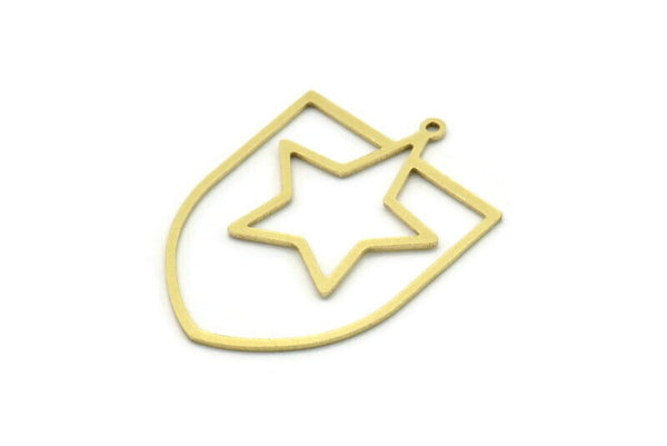 Brass Star Charm, 4 Raw Brass Shield Charms With 1 Loop, Geometric Findings (35x24.5x0.80mm) SMP0733