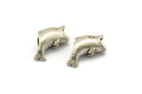 Fish Spacer Bead, 2 Antique Silver Plated Brass Fish Spacer Beads, Jewelry Supplies, Findings (18x10x6.8mm) N0373
