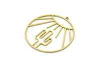 Brass Round Charm, 2 Raw Brass Rising Sun And Cactus Patterned Round Shaped Charms With 1 Loop, Charm Pendants (35x33x0.80mm) SMP0791