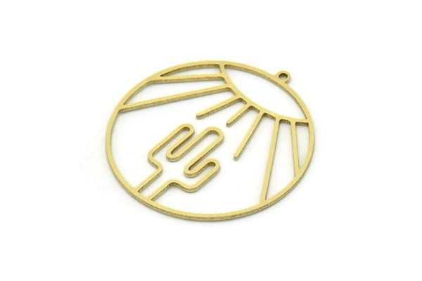 Brass Round Charm, 2 Raw Brass Rising Sun And Cactus Patterned Round Shaped Charms With 1 Loop, Charm Pendants (35x33x0.80mm) SMP0791