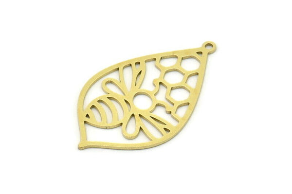 Brass Drop Charm, 6 Raw Brass Bee And Honeycomb Patterned Drop Shaped Charms With 1 Loop, Charm Pendants (32x19x0.60mm) SMP0804