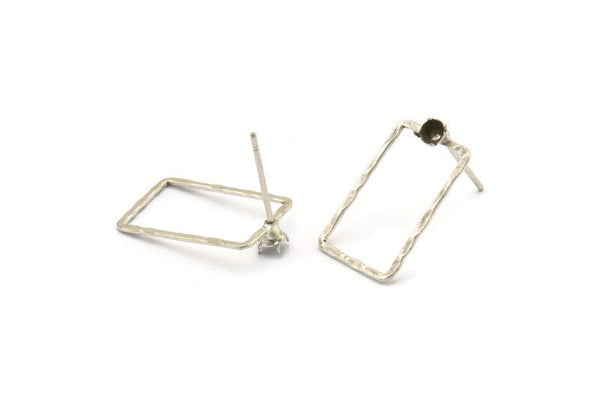 Silver Rectangle Earring, 2 Antique Silver Plated Brass Hammered Rectangle Earring Posts With 1 Pad, Pendants, Findings (19x12x0.6x1mm) E371