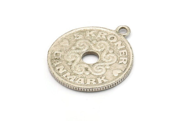 Danimarka Madeni Para Tılsımı, Antik Gümüş Kaplama Pirinç Madeni Para Tılsımı, 1 Halka, Kolye Uçları, Bulgular (27x2mm) N0191