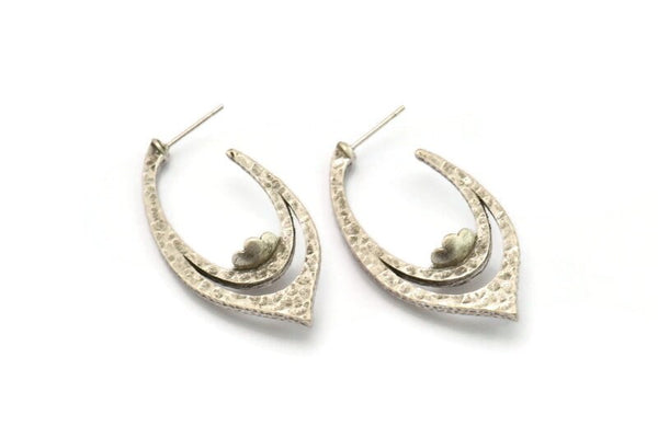 Küpe Çivisi, 2 Antik Gümüş Kaplama Pirinç - Markiz Şekilli Çivili Küpe, 7 mm Taş İçin Pedli, Gümüş Küpeler (46x21x1,8 mm) N2421 H155
