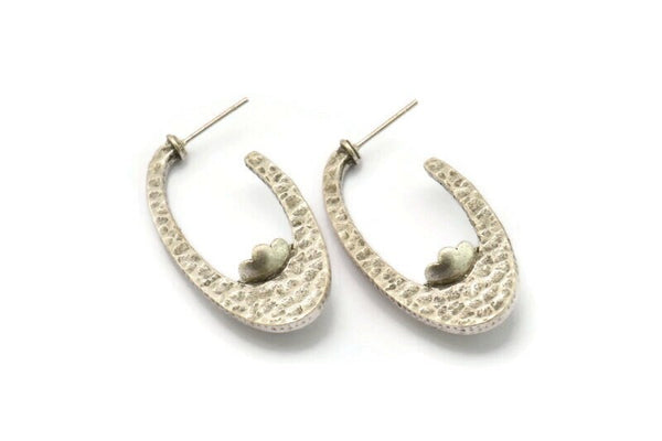 Küpe Çivisi, 2 Antik Gümüş Kaplama Pirinç - 7 mm Taş İçin Pedli Oval Şekilli Çivili Küpe - Gümüş Küpeler (39x18x2 mm) N2413 H163