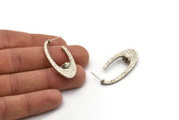 Küpe Çivisi, 2 Antik Gümüş Kaplama Pirinç - 7 mm Taş İçin Pedli Oval Şekilli Çivili Küpe - Gümüş Küpeler (39x18x2 mm) N2413 H163