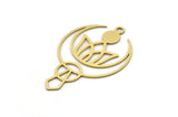 Brass Moon Charm, 4 Raw Brass Flower And Crescent Moon Charms With 1 Loop, Findings (38x25x0.60mm) SMP1046
