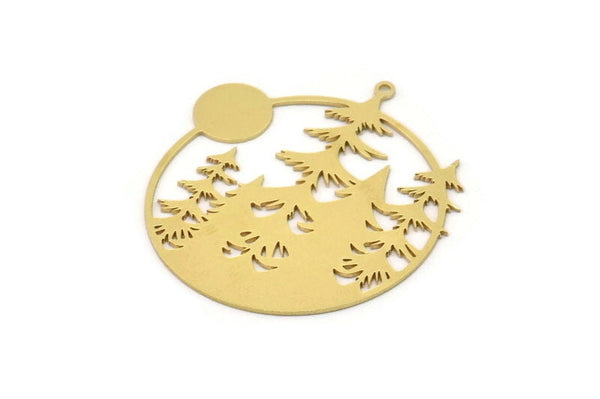 Brass Landscape Charm, 2 Raw Brass Sun And Tree Charms With 1 Loop, Round Charms, Findings (40x38x0.60mm) SMP1063