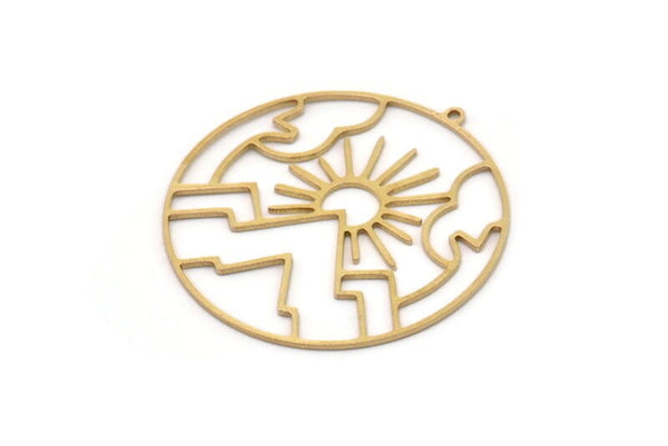 Brass Round Charm, 2 Raw Brass Rising Sun And Mount Patterned Round Shaped Charms With 1 Loop, Charms, Findings (40x38x0.80mm) SMP1105