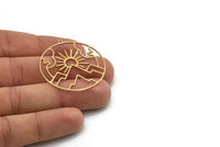 Brass Round Charm, 2 Raw Brass Rising Sun And Mount Patterned Round Shaped Charms With 1 Loop, Charms, Findings (40x38x0.80mm) SMP1105