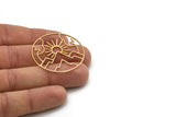 Brass Round Charm, 2 Raw Brass Rising Sun And Mount Patterned Round Shaped Charms With 1 Loop, Charms, Findings (40x38x0.80mm) SMP1105