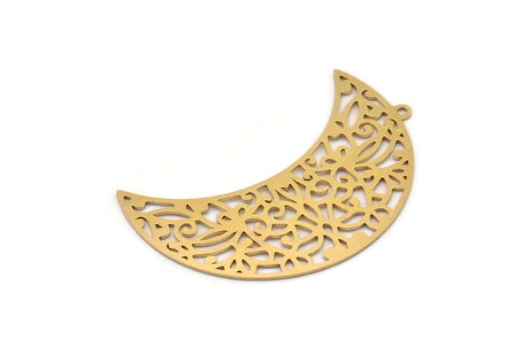 Brass Moon Charm, 4 Raw Brass Patterned Crescent Moon Shaped Charms With 1 Loop, Findings (43x18x0.60mm) SMP1117