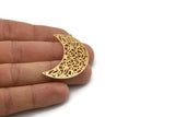 Brass Moon Charm, 4 Raw Brass Patterned Crescent Moon Shaped Charms With 1 Loop, Findings (43x18x0.60mm) SMP1117