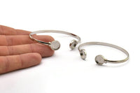 Silver Round Cuff, Silver Tone Brass Round Cuff Stone Setting With 2 Pads - Pad Size 10mm V109 H0924