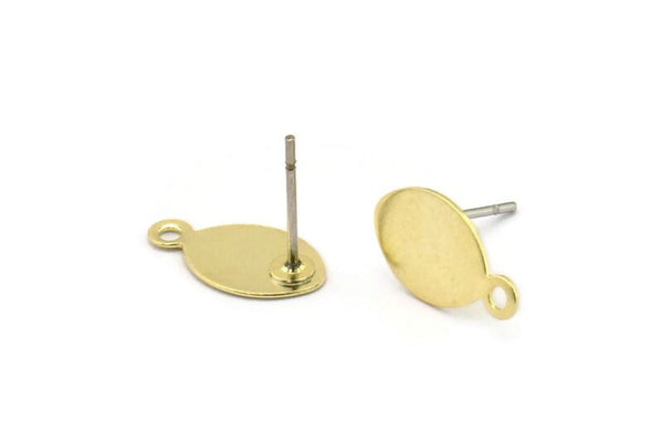 Brass Oval Earring, 12 Raw Brass Oval Shaped Stud Earrings With 1 Loop (13x7mm) A0294 A3616