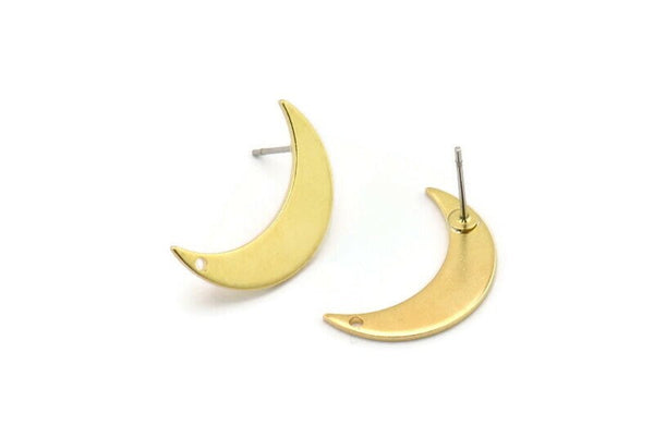 Brass Moon Earring, 8 Raw Brass Crescent Moon Stud Earrings With 1 Hole (21x6x1mm) D1077 A3899