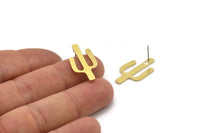 Brass Cactus Earrings, 8 Raw Brass Cactus Stud Earrings (25x14x0.80mm) A2632
