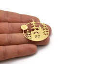 Brass Landscape Charm, 2 Raw Brass Sun And Tree Charms With 1 Loop, Round Charms, Findings (40x38x0.60mm) SMP1063