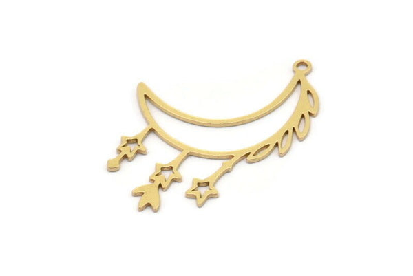 Brass Moon Charm, 8 Raw Brass Crescent Moon And Star Shaped Charms With 1 Loop, Findings (33x23x0.60mm) SMP1091