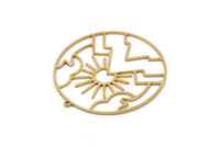 Brass Round Charm, 2 Raw Brass Rising Sun And Mount Patterned Round Shaped Charms With 1 Loop, Charms, Findings (40x38x0.80mm) SMP1105