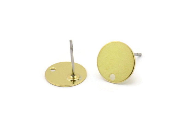 Brass Round Earring, 12 Raw Brass Round Stud Earrings With 1 Hole (10mm) A0289 A3582