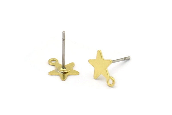 Brass Star Earring, 12 Raw Brass Star Shaped Stud Earrings With 1 Loop (8x10mm) A4212 A0261