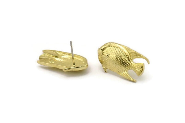 Brass Fish Earring, 4 Raw Brass Fish Shaped Stud Earrings (24x17mm) N0891 A3554