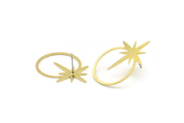 Brass North Star Earring, 8 Raw Brass Pole Star Shaped Stud Earrings (31x21x0.60mm) A2666