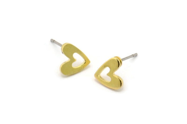 Brass Heart Earring, 12 Raw Brass Heart Stud Earrings (8x1mm) M03409 A2858